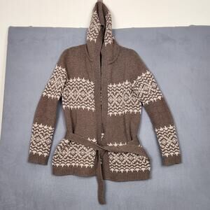 Gap Sweater Womens Medium Brown Hooded Belted Cardigan LambsWool Blend Fair Isle